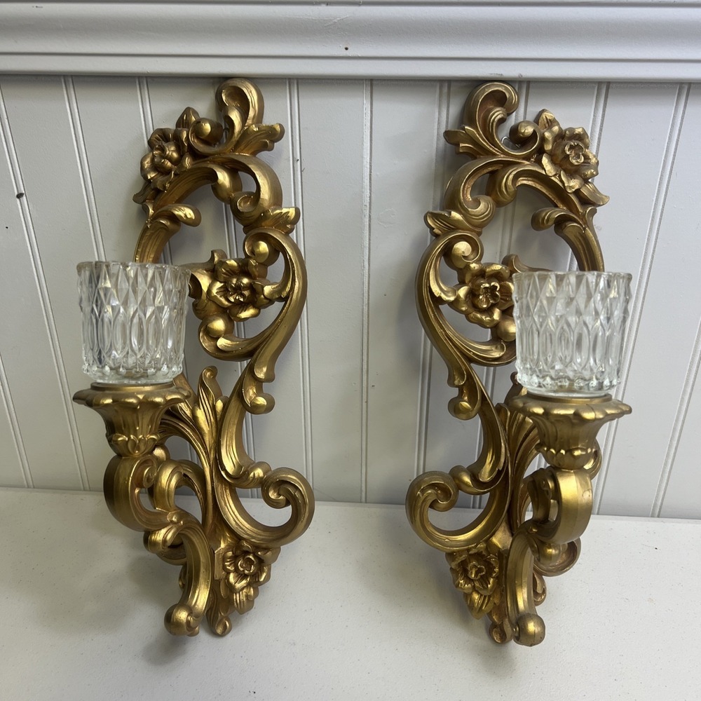 Vintage 1971 HOMCO #4118 Gold Wall Sconce Candle Holder Retro Mid Century Mod.